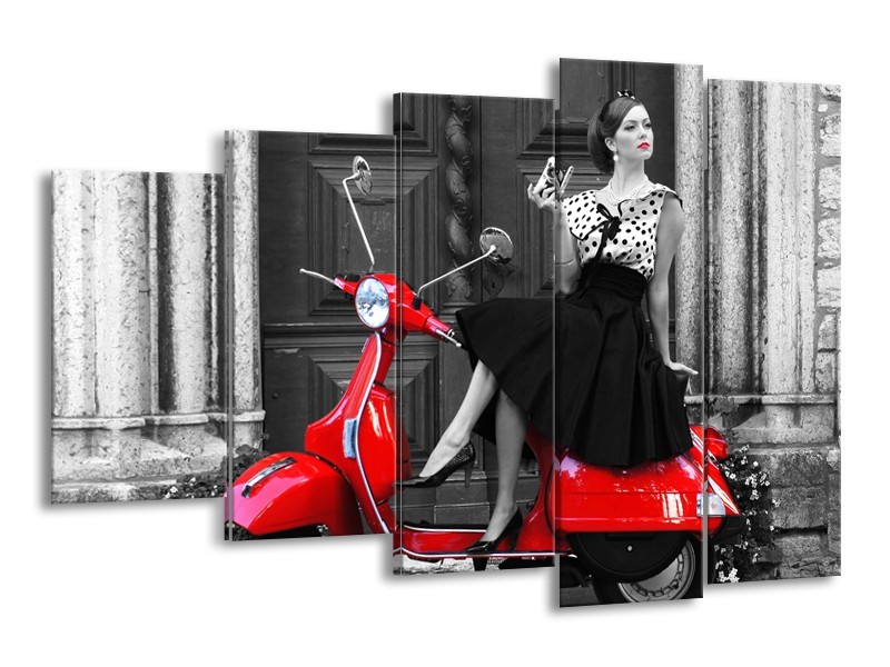 Glasschilderij Scooter, Vrouw | Zwart, Wit, Rood | 150x100cm 5Luik