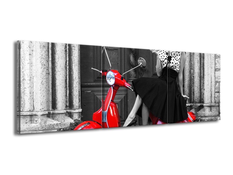 Glasschilderij Scooter, Vrouw | Zwart, Wit, Rood | 150x50cm 3Luik
