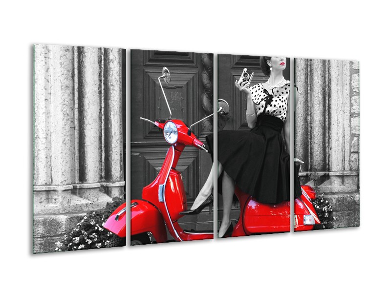 Glasschilderij Scooter, Vrouw | Zwart, Wit, Rood | 160x80cm 4Luik