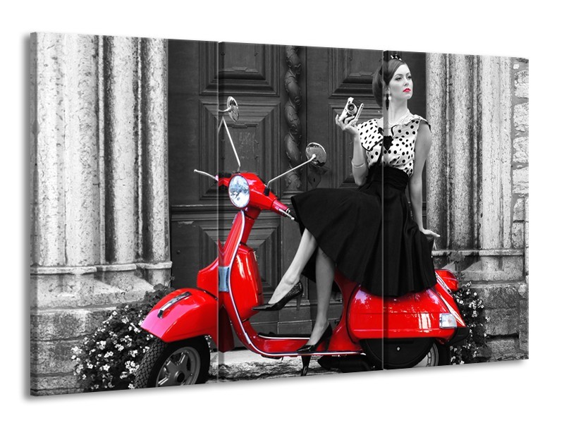 Canvas Schilderij Scooter, Vrouw | Zwart, Wit, Rood | 165x100cm 3Luik