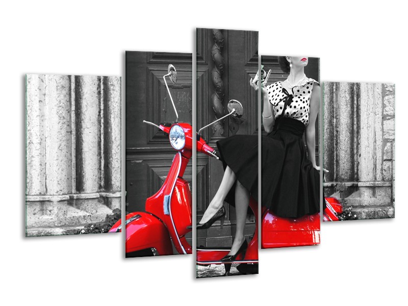 Glasschilderij Scooter, Vrouw | Zwart, Wit, Rood | 170x100cm 5Luik