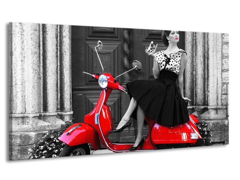 Canvas Schilderij Scooter, Vrouw | Zwart, Wit, Rood | 170x90cm 1Luik