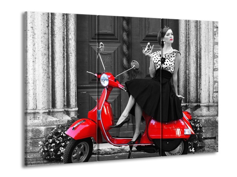 Glasschilderij Scooter, Vrouw | Zwart, Wit, Rood | 60x90cm 3Luik