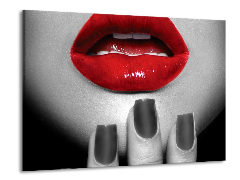 Canvas Schilderij Lippen, Vrouw | Grijs, Rood | 100x70cm 1Luik