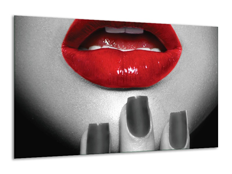 Canvas Schilderij Lippen, Vrouw | Grijs, Rood | 120x70cm 1Luik