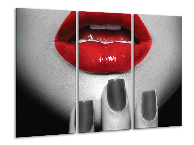 Glasschilderij Lippen, Vrouw | Grijs, Rood | 120x80cm 3Luik