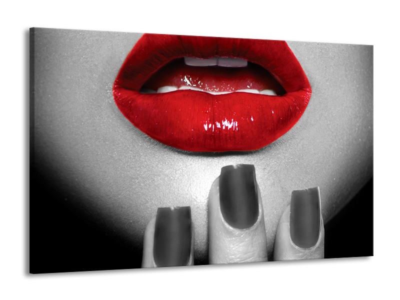 Glasschilderij Lippen, Vrouw | Grijs, Rood | 140x90cm 1Luik