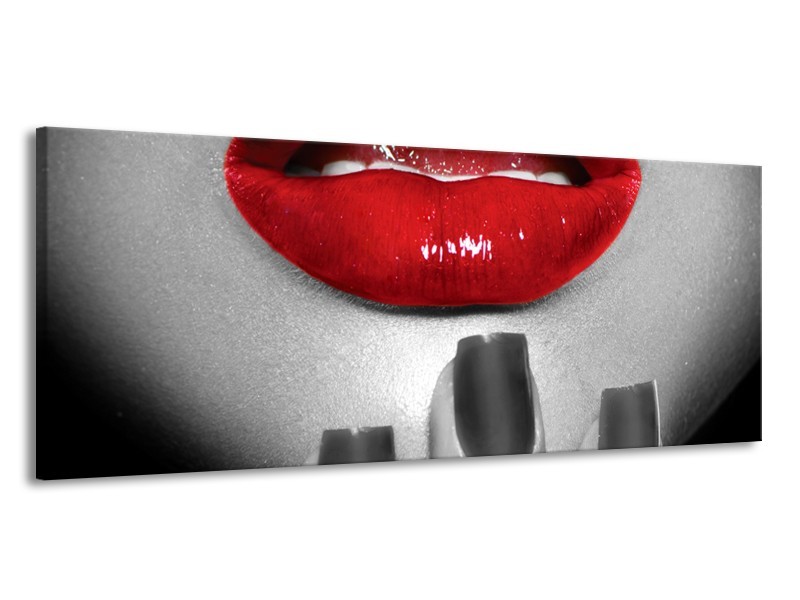 Glasschilderij Lippen, Vrouw | Grijs, Rood | 145x58cm 1Luik