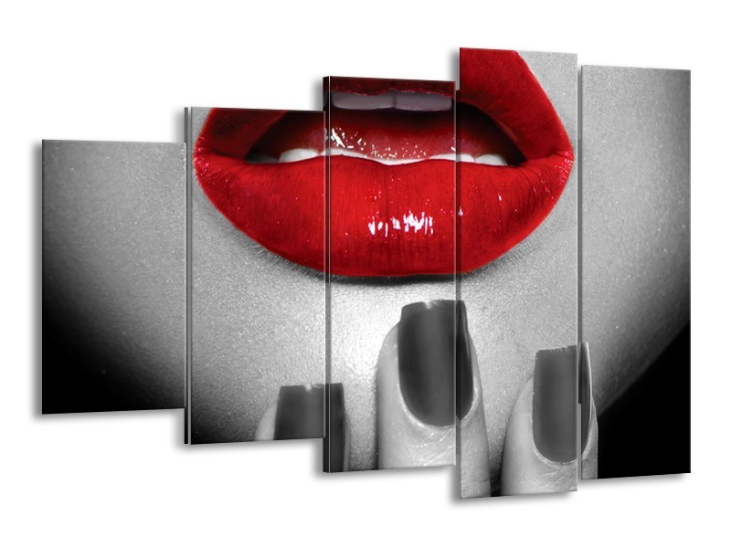 Glasschilderij Lippen, Vrouw | Grijs, Rood | 150x100cm 5Luik