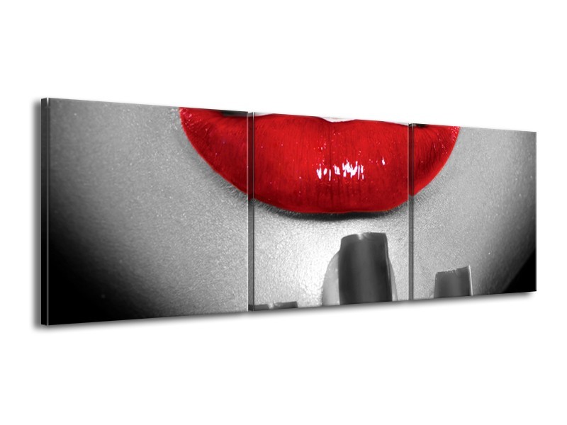 Canvas Schilderij Lippen, Vrouw | Grijs, Rood | 150x50cm 3Luik