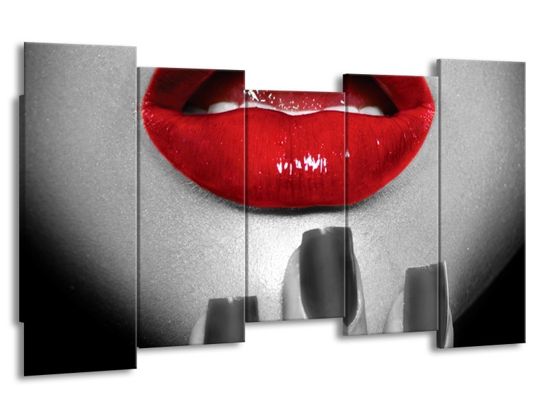 Canvas Schilderij Lippen, Vrouw | Grijs, Rood | 150x80cm 5Luik