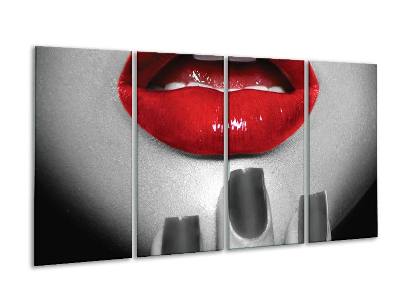 Canvas Schilderij Lippen, Vrouw | Grijs, Rood | 160x80cm 4Luik