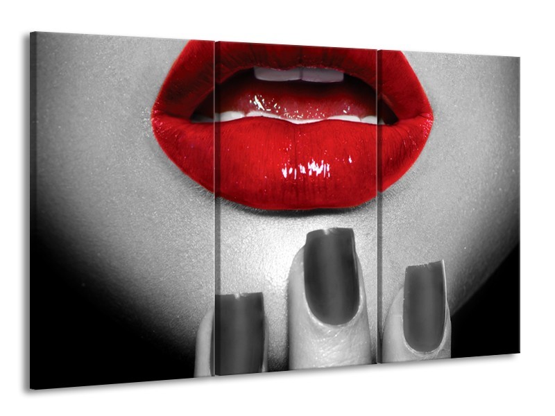 Canvas Schilderij Lippen, Vrouw | Grijs, Rood | 165x100cm 3Luik