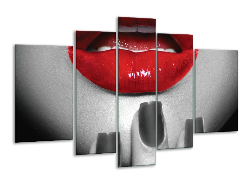 Canvas Schilderij Lippen, Vrouw | Grijs, Rood | 170x100cm 5Luik