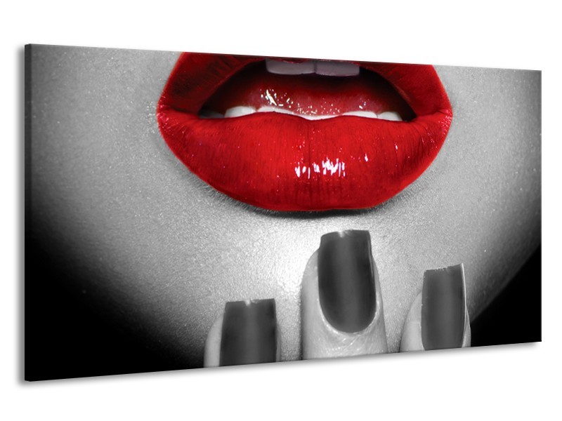 Canvas Schilderij Lippen, Vrouw | Grijs, Rood | 190x100cm 1Luik