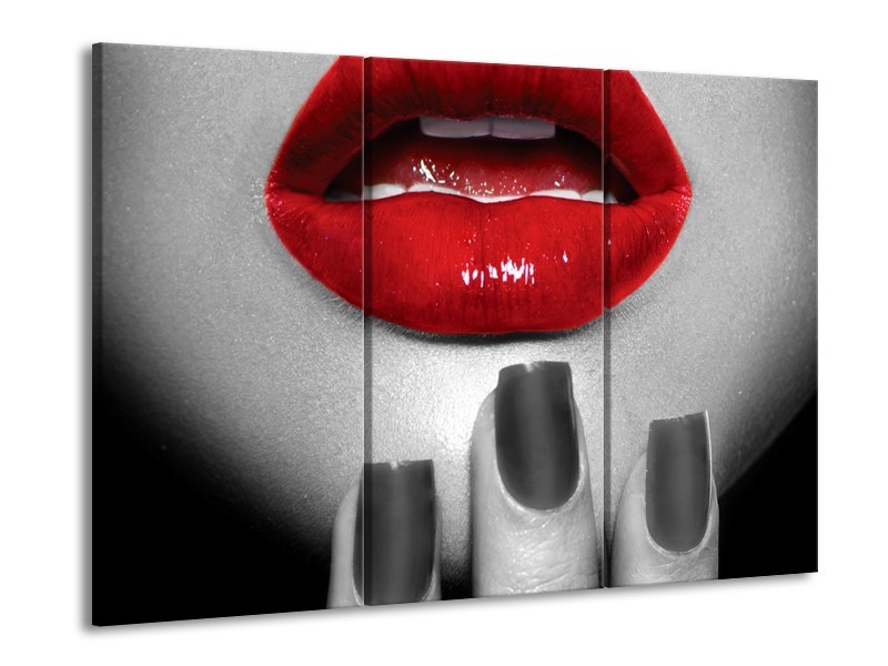 Canvas Schilderij Lippen, Vrouw | Grijs, Rood | 60x90cm 3Luik