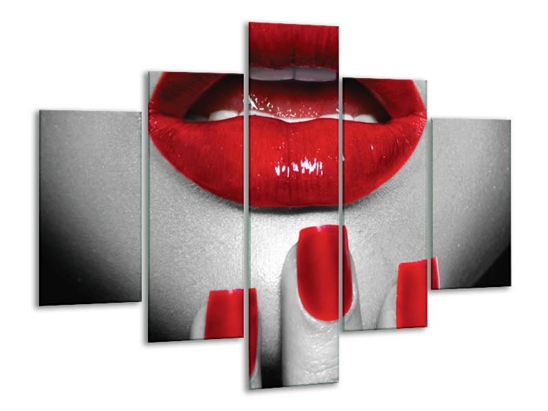Canvas Schilderij Lippen, Vrouw | Grijs, Rood | 100x70cm 5Luik