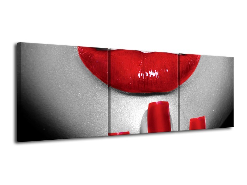 Canvas Schilderij Lippen, Vrouw | Grijs, Rood | 120x40cm 3Luik