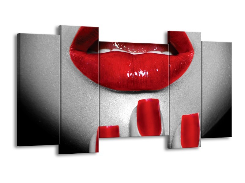 Canvas Schilderij Lippen, Vrouw | Grijs, Rood | 120x65cm 5Luik