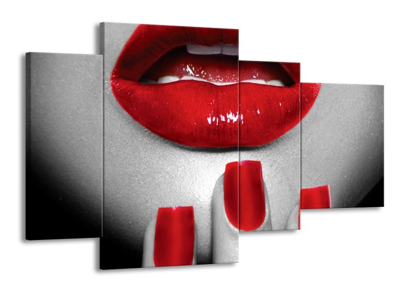Canvas Schilderij Lippen, Vrouw | Grijs, Rood | 120x75cm 4Luik