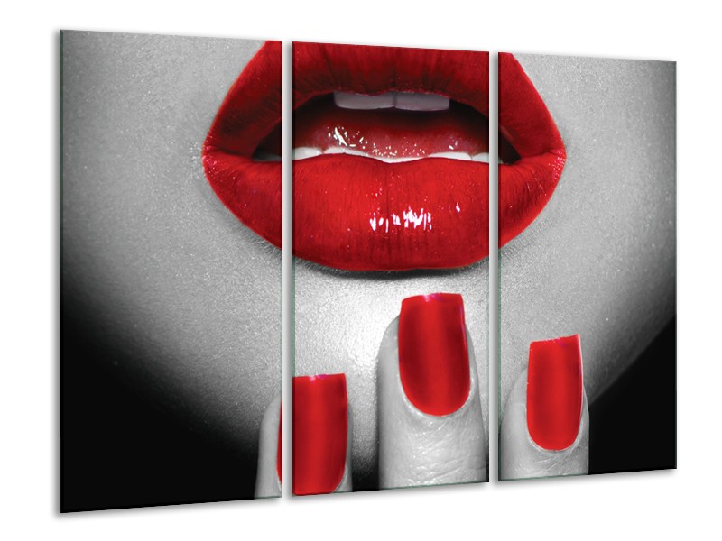 Glasschilderij Lippen, Vrouw | Grijs, Rood | 120x80cm 3Luik