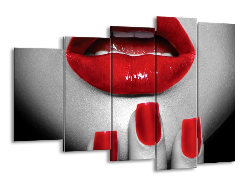 Canvas Schilderij Lippen, Vrouw | Grijs, Rood | 150x100cm 5Luik