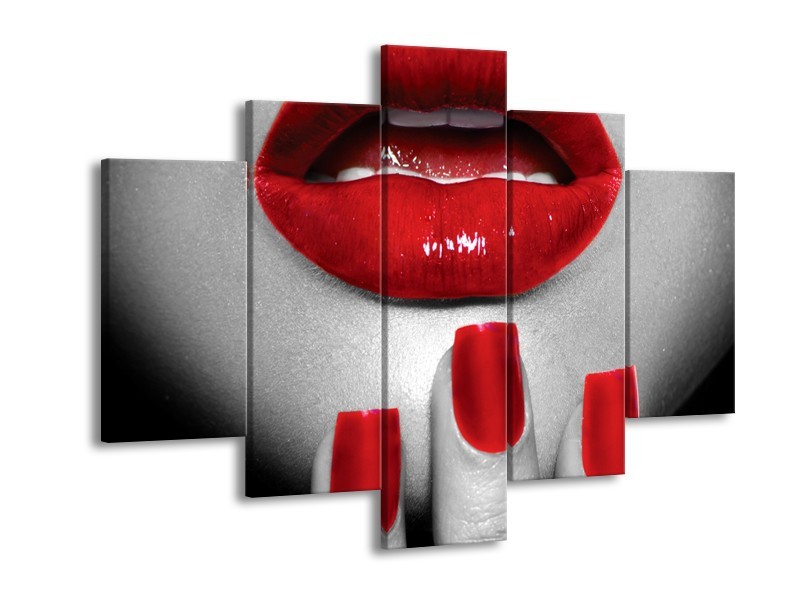 Canvas Schilderij Lippen, Vrouw | Grijs, Rood | 150x105cm 5Luik