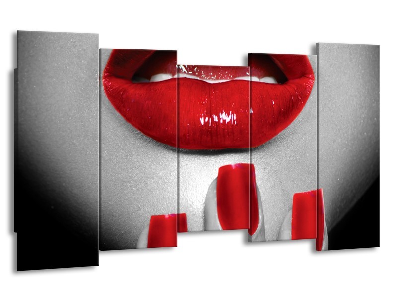 Canvas Schilderij Lippen, Vrouw | Grijs, Rood | 150x80cm 5Luik