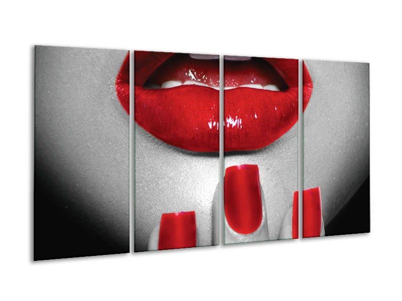 Canvas Schilderij Lippen, Vrouw | Grijs, Rood | 160x80cm 4Luik