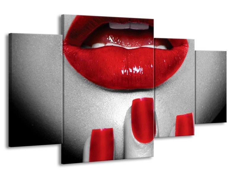 Canvas Schilderij Lippen, Vrouw | Grijs, Rood | 160x90cm 4Luik