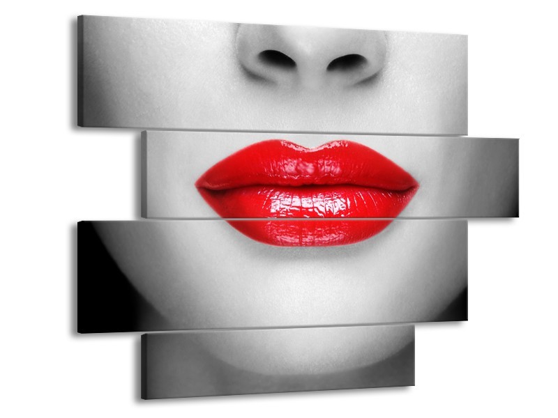 Glasschilderij Lippen, Vrouw | Grijs, Rood | 115x85cm 4Luik