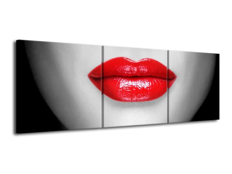 Glasschilderij Lippen, Vrouw | Grijs, Rood | 120x40cm 3Luik