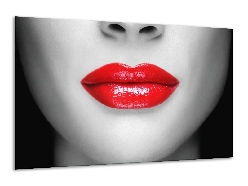Glasschilderij Lippen, Vrouw | Grijs, Rood | 120x70cm 1Luik
