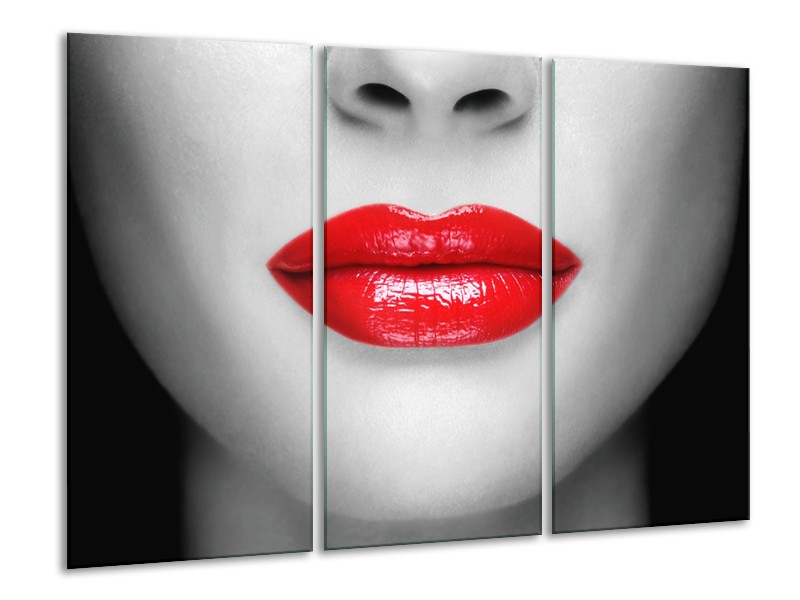 Canvas Schilderij Lippen, Vrouw | Grijs, Rood | 120x80cm 3Luik