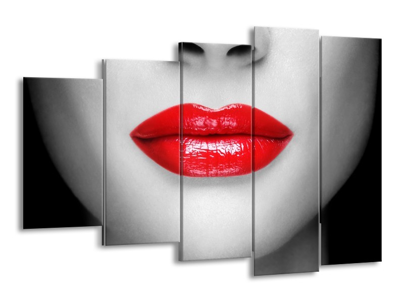 Canvas Schilderij Lippen, Vrouw | Grijs, Rood | 150x100cm 5Luik