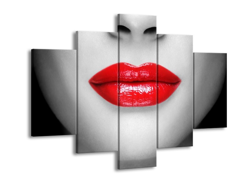 Canvas Schilderij Lippen, Vrouw | Grijs, Rood | 150x105cm 5Luik