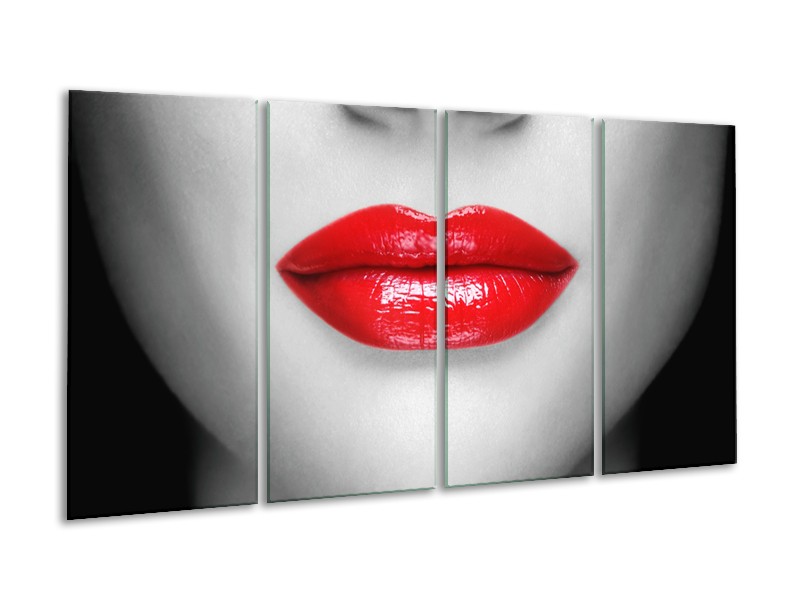 Canvas Schilderij Lippen, Vrouw | Grijs, Rood | 160x80cm 4Luik