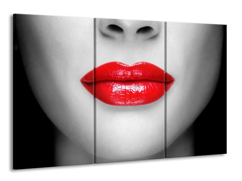 Canvas Schilderij Lippen, Vrouw | Grijs, Rood | 165x100cm 3Luik