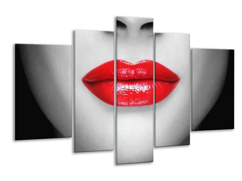 Glasschilderij Lippen, Vrouw | Grijs, Rood | 170x100cm 5Luik