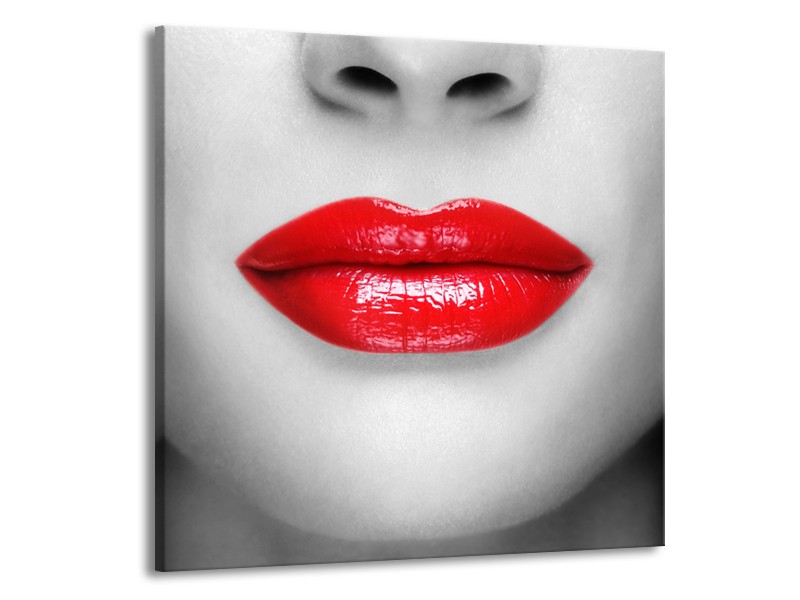 Glasschilderij Lippen, Vrouw | Grijs, Rood | 50x50cm 1Luik