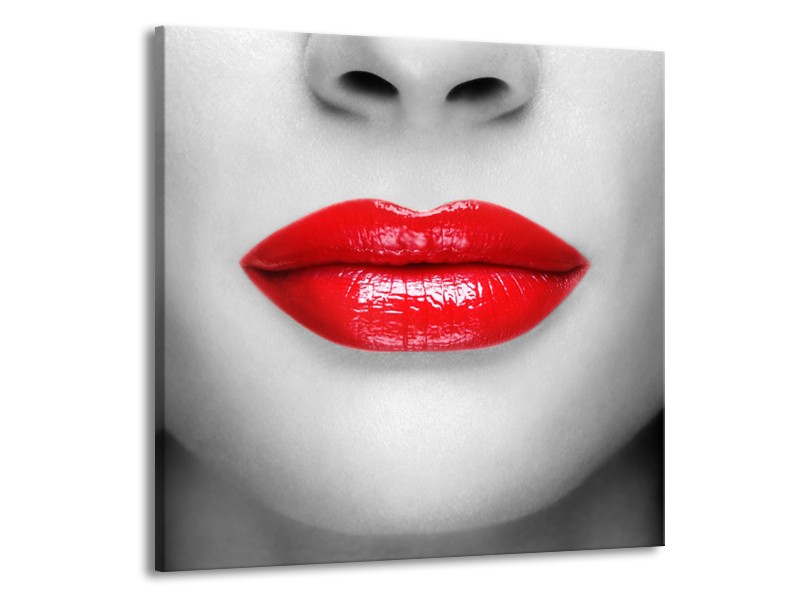 Glasschilderij Lippen, Vrouw | Grijs, Rood | 70x70cm 1Luik