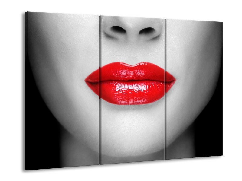 Canvas Schilderij Lippen, Vrouw | Grijs, Rood | 60x90cm 3Luik