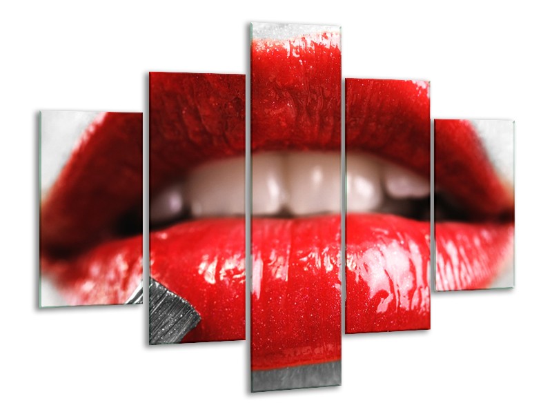 Canvas Schilderij Lippen, Vrouw | Grijs, Rood | 100x70cm 5Luik