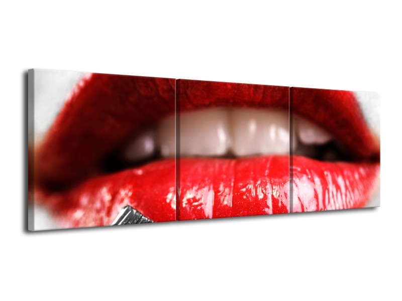 Canvas Schilderij Lippen, Vrouw | Grijs, Rood | 120x40cm 3Luik