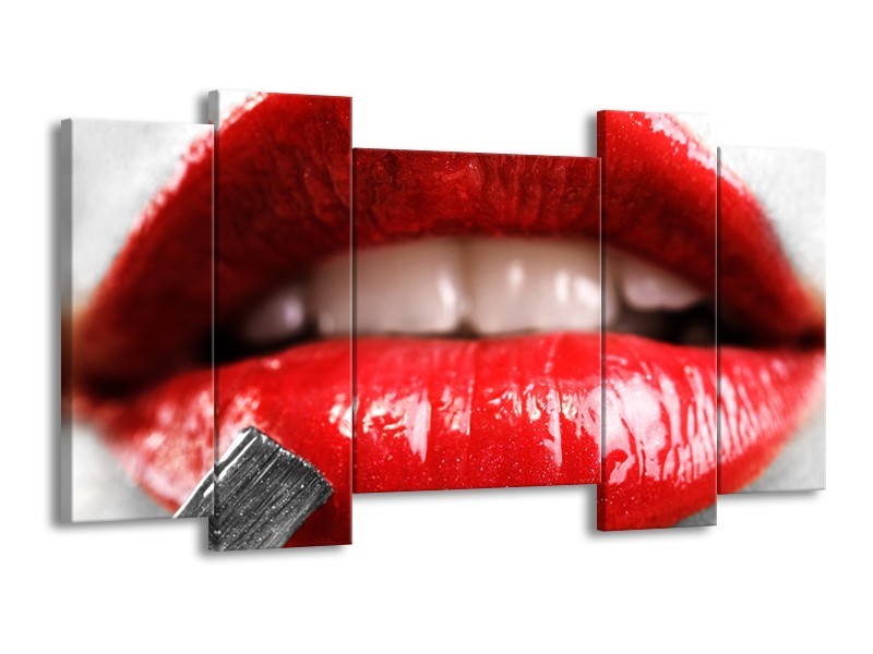 Canvas Schilderij Lippen, Vrouw | Grijs, Rood | 120x65cm 5Luik