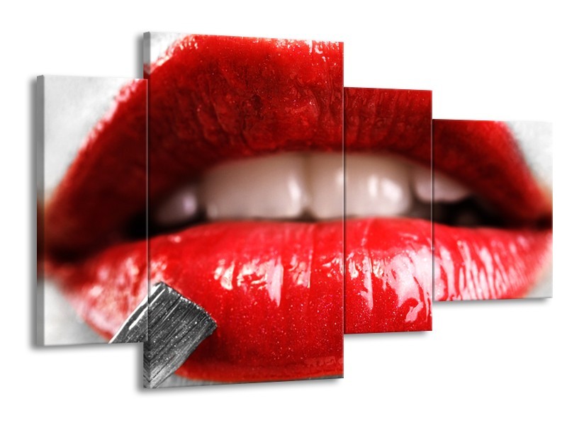Canvas Schilderij Lippen, Vrouw | Grijs, Rood | 120x75cm 4Luik
