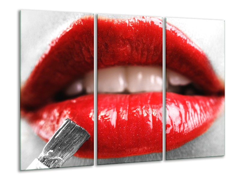Canvas Schilderij Lippen, Vrouw | Grijs, Rood | 120x80cm 3Luik
