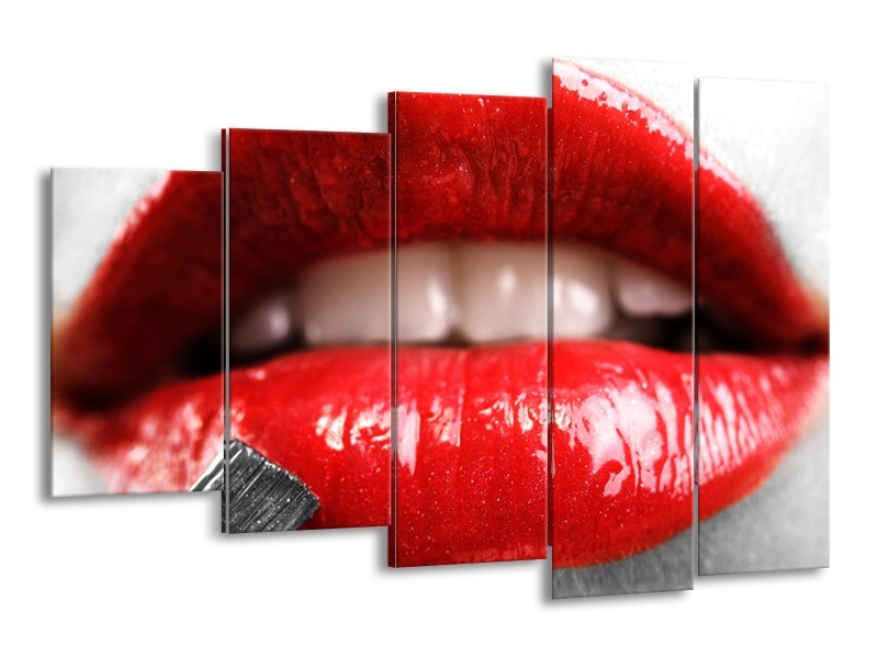 Canvas Schilderij Lippen, Vrouw | Grijs, Rood | 150x100cm 5Luik