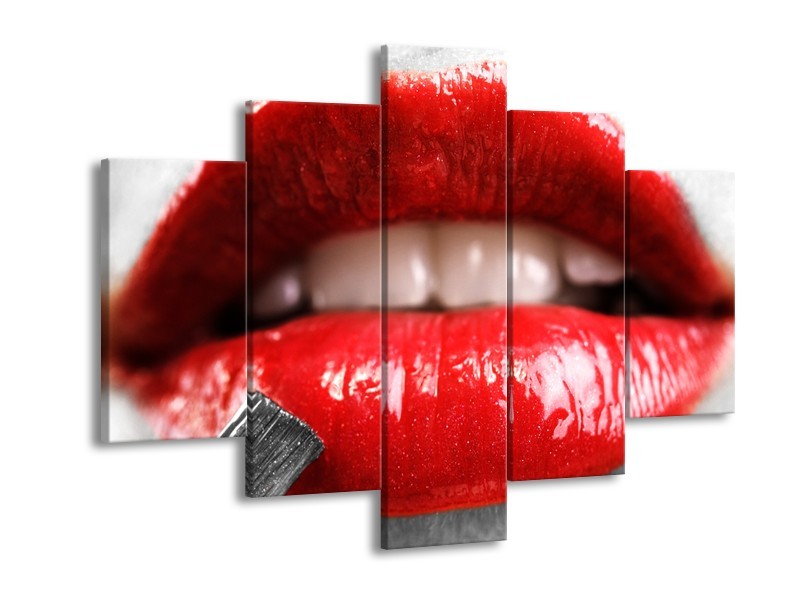Canvas Schilderij Lippen, Vrouw | Grijs, Rood | 150x105cm 5Luik