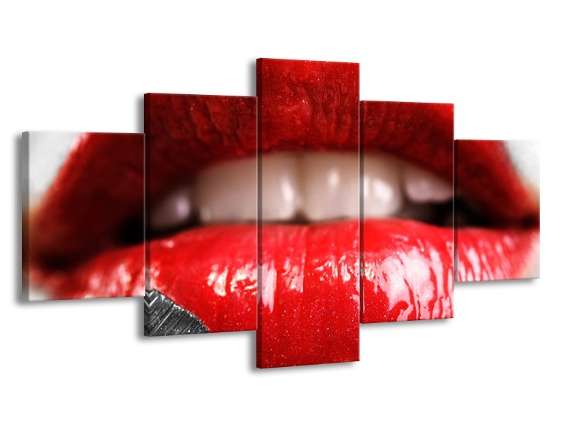 Glasschilderij Lippen, Vrouw | Grijs, Rood | 150x80cm 5Luik